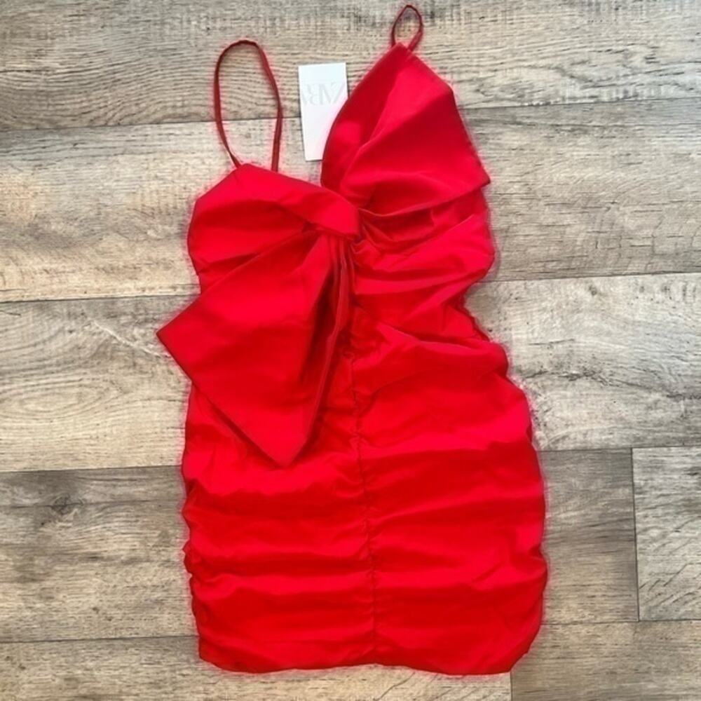Zara Red Bow Mini Dress Ruched Bodycon Party Dress NWT - Picture 15 of 16